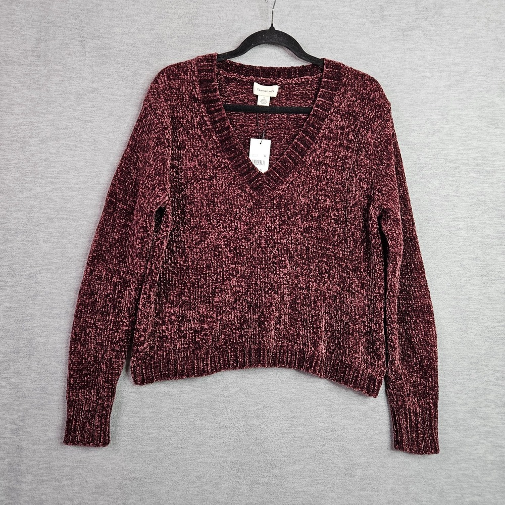 Calvin Klein Jeans Women Size M Chenille Sweater Burgundy V Neck Cozy